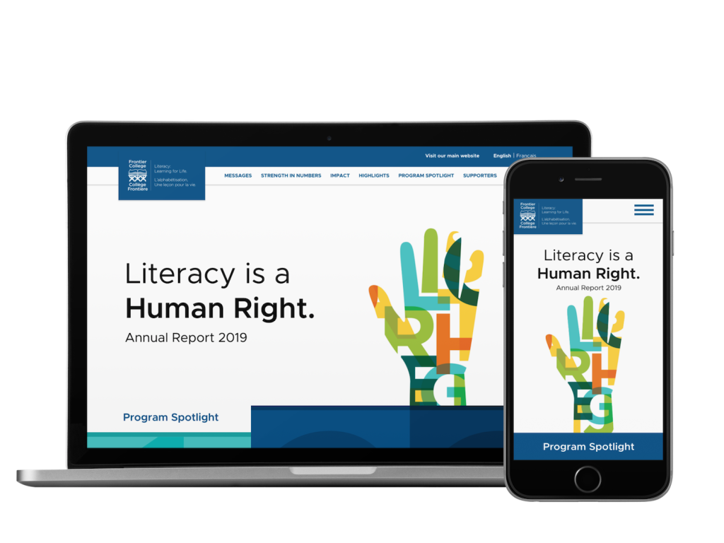 Laptop and phone mockups of the responsive Frontier College microsite